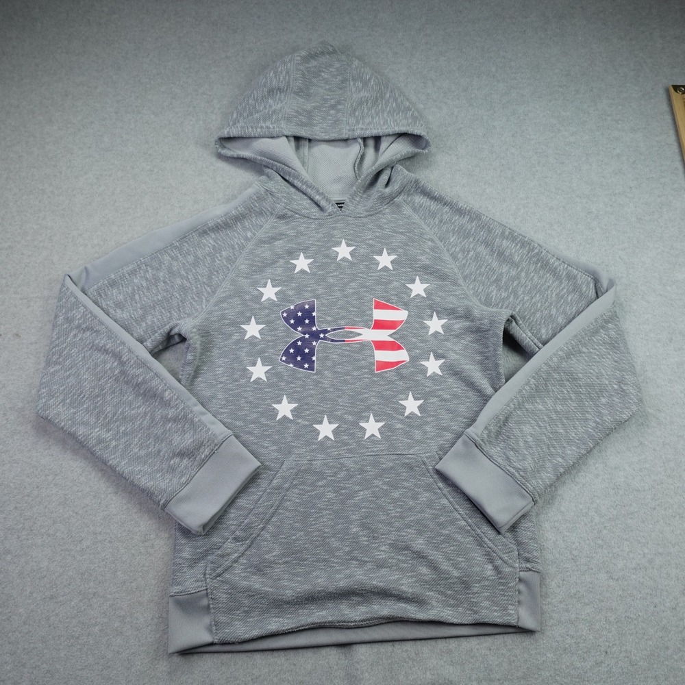 Under Armour Hoodie Boys Medium Gray Patriotic Pullover USA Star